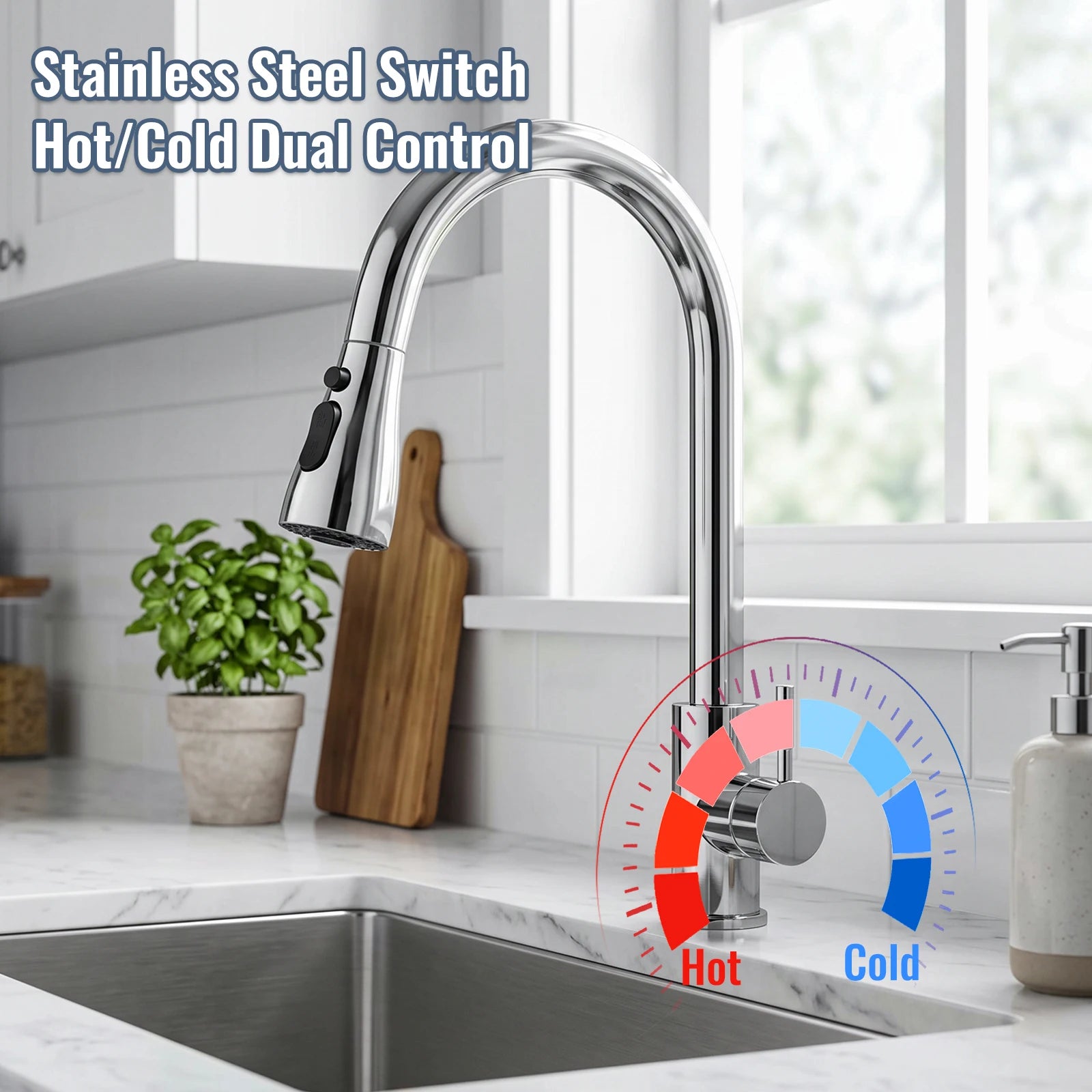 Stainless Steel Faucet Kitchen Faucet Sink Faucet with Pull Down Sprayer Hot and Cold Dual Control Bar Sink Faucet Rotation Faucet Showerhead and Bubble Water Flow