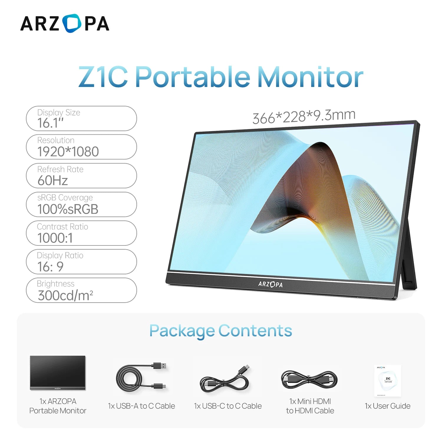 ARZOPA 16.1'' 100% sRGB 1080P FHD Portable Monitor IPS Screen Second Monitor External display Z1C