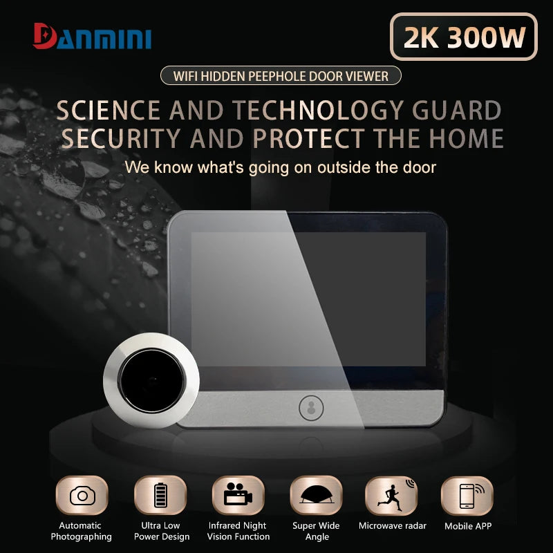 4.3 "IPS Large Capacity Display Doorbell Peep Hole Smart Cat Eye Digital Door Camera 120 ° 2K300W Pixel Doorbell Outdoor Monitor