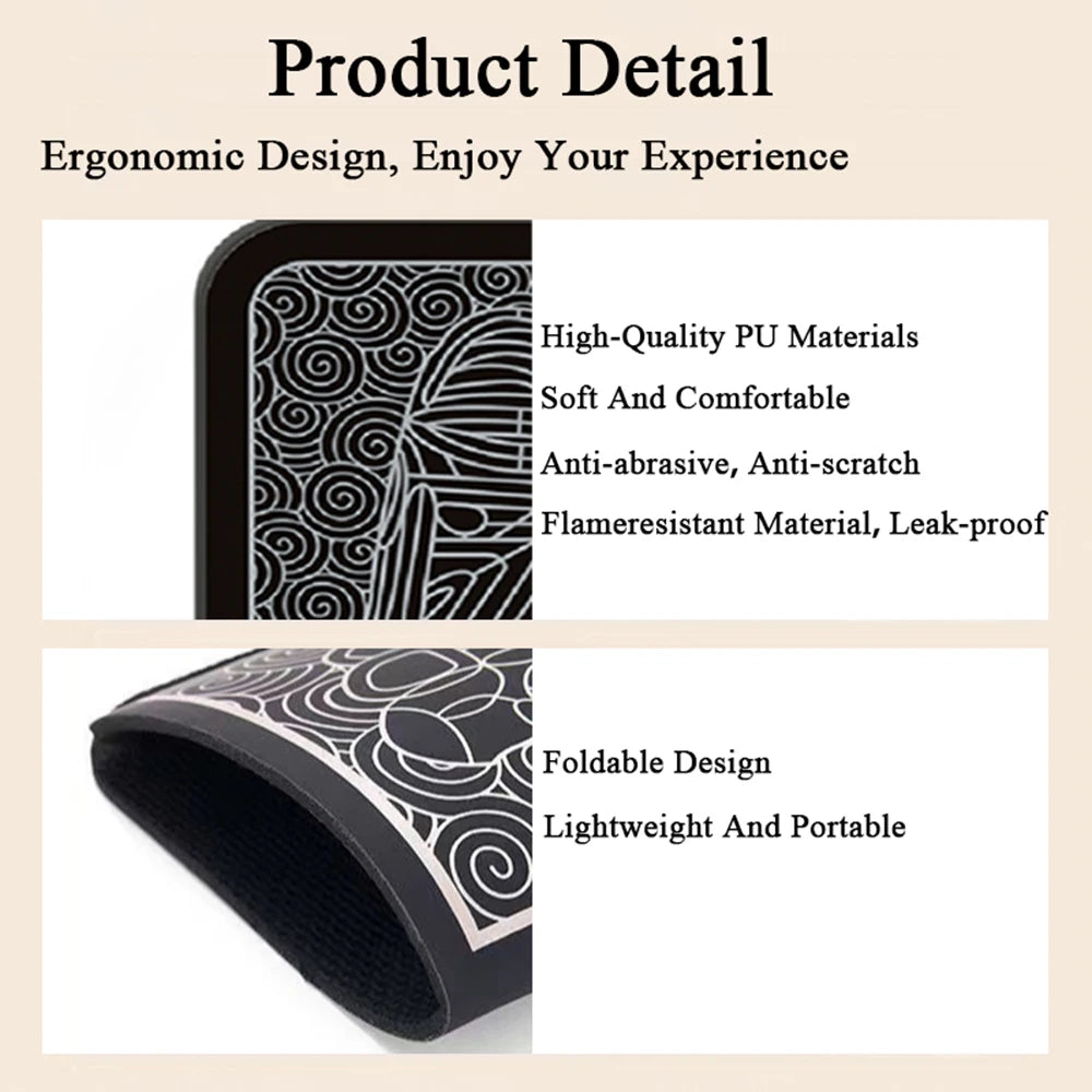 Portable foldable EMS foot massager mat with ergonomic design, high-quality black PU material, and muscle stimulation.