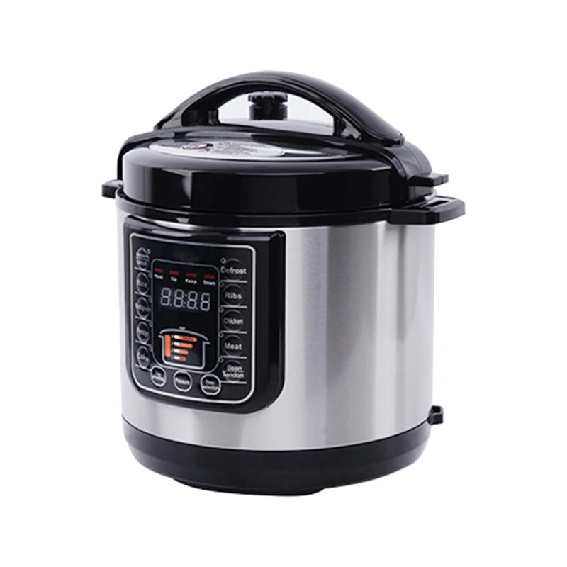 Stainless electric pressure cooker with black lid and front display with control buttons