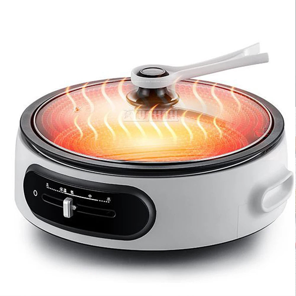 Electric hot pot multi cooker with glowing coil under round glass lid on white base