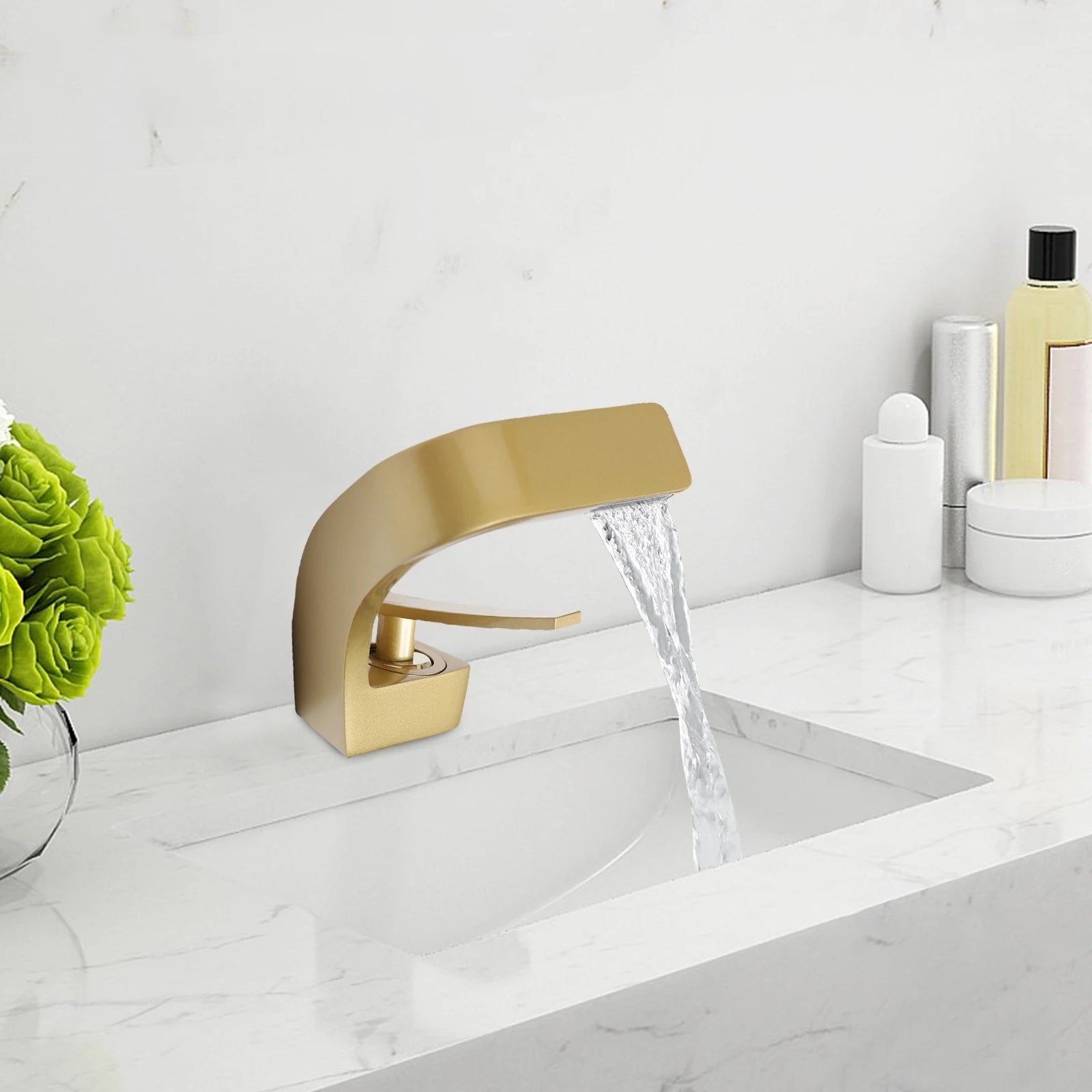 Gold Bathroom Waterfall Mixer Tap Modern Washbasin Faucet Copper Basin Tap Elegant Lift Off Type