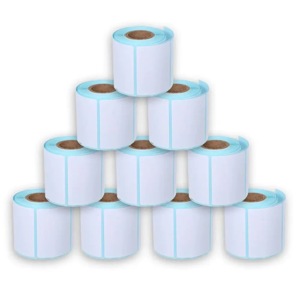 Stacked thermal barcode label sticker rolls, white labels with teal borders
