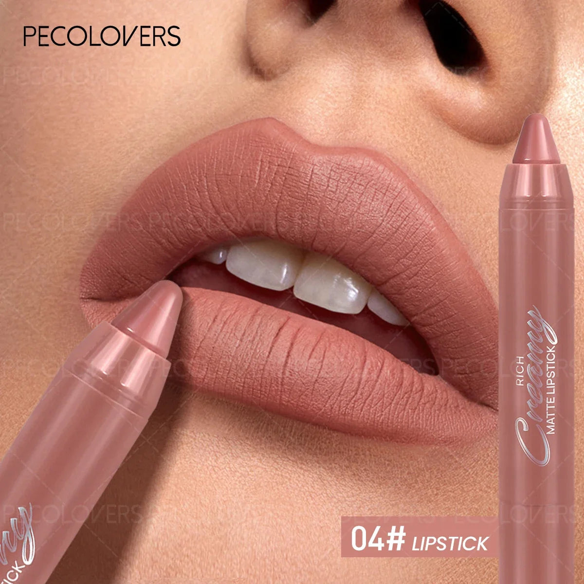 Creamy nude-pink matte lip crayon pencil on lips for a smooth, moisturizing everyday makeup look.
