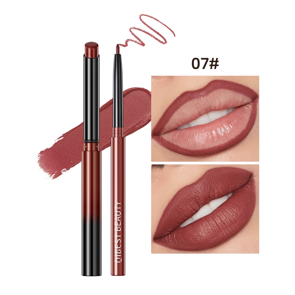 QIBEST 2pcs matte velvet lipstick and lip liner pencil set in deep red, showing makeup swatch and lip application.
