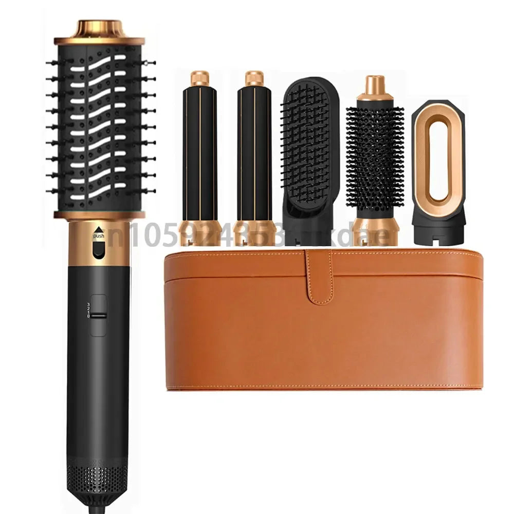 6-in-1 black and gold air styling hair dryer brush set with curling attachments and a tan leather storage case.