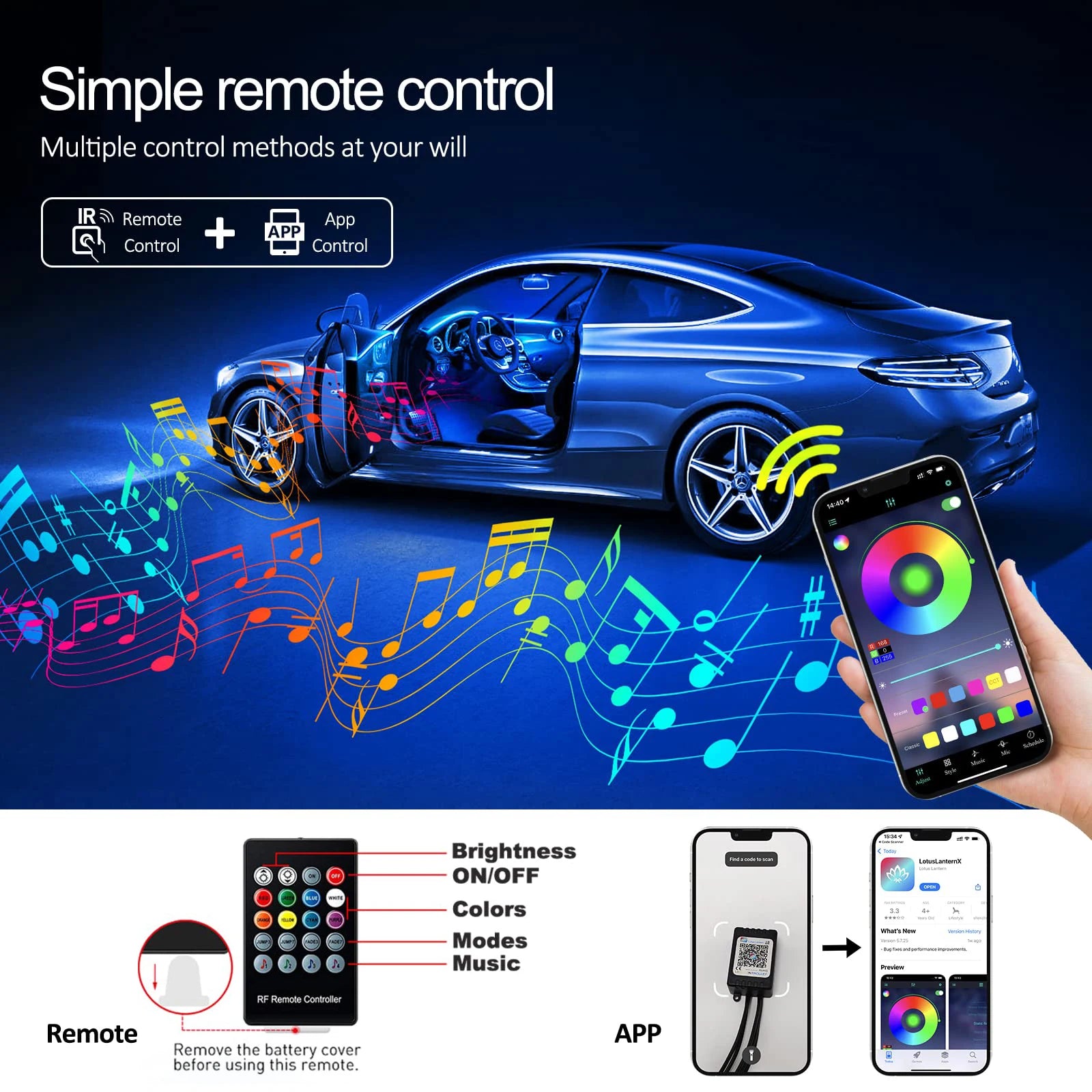 LED Car Interior Ambient Lighting Kit with RGB Smartphone Control Tidesmit