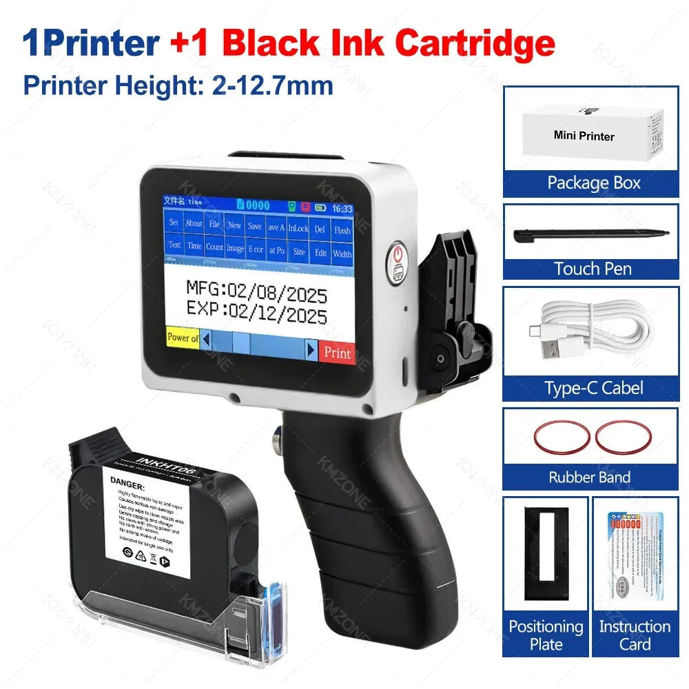 Mini handheld inkjet printer with included accessories and 1 black ink cartridge