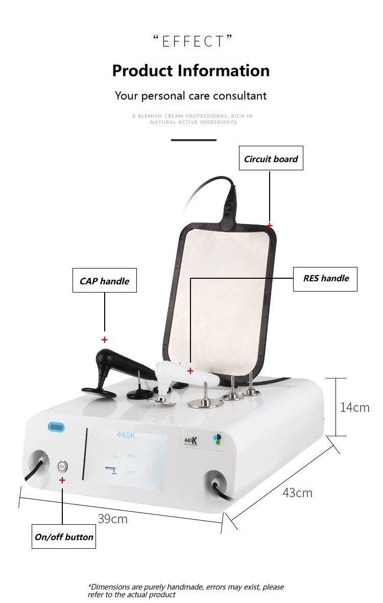 448KHz Tecar RF beauty device with CET/RET handles, electrode pad, and digital display for body contouring therapy.