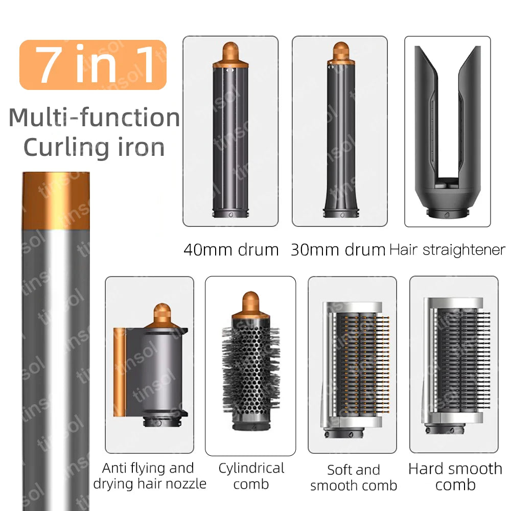 7-in-1 high-speed hair dryer set with curling barrels, straightener, and styling combs in elegant metallic grey.