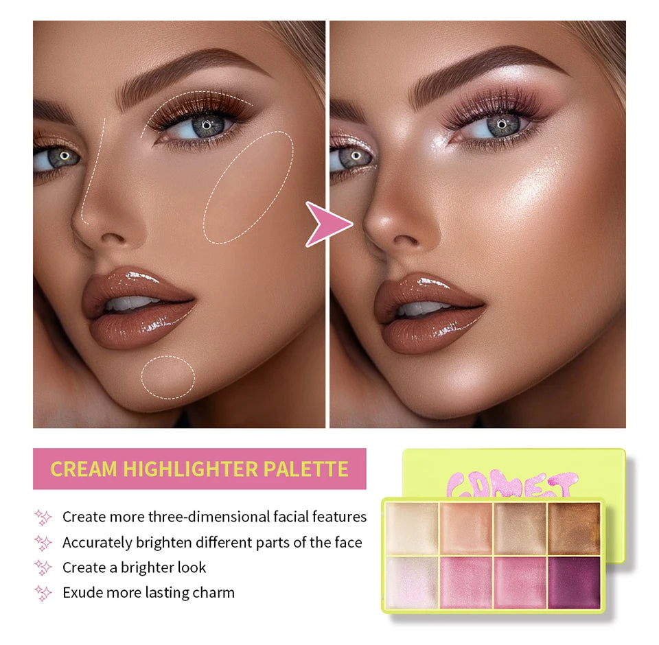 Tidesmit 8 color cream highlighter palette shade swatches for shimmering face makeup and glowing skin
