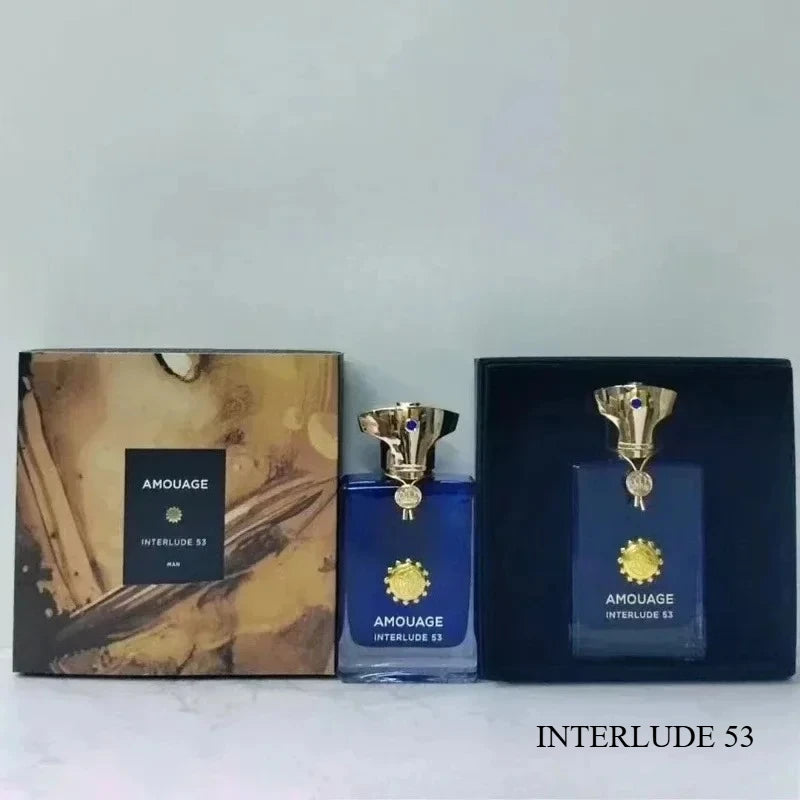Amouage Interlude 53 Man EDP: 100ml woody aromatic cologne in iconic blue glass bottle with gold cap and gift box.