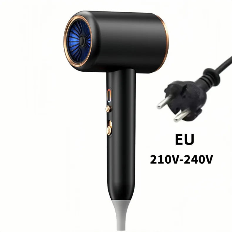 Black 2400W high-speed negative ion hair dryer with gold trim, blue light tech, and EU plug for professional styling.