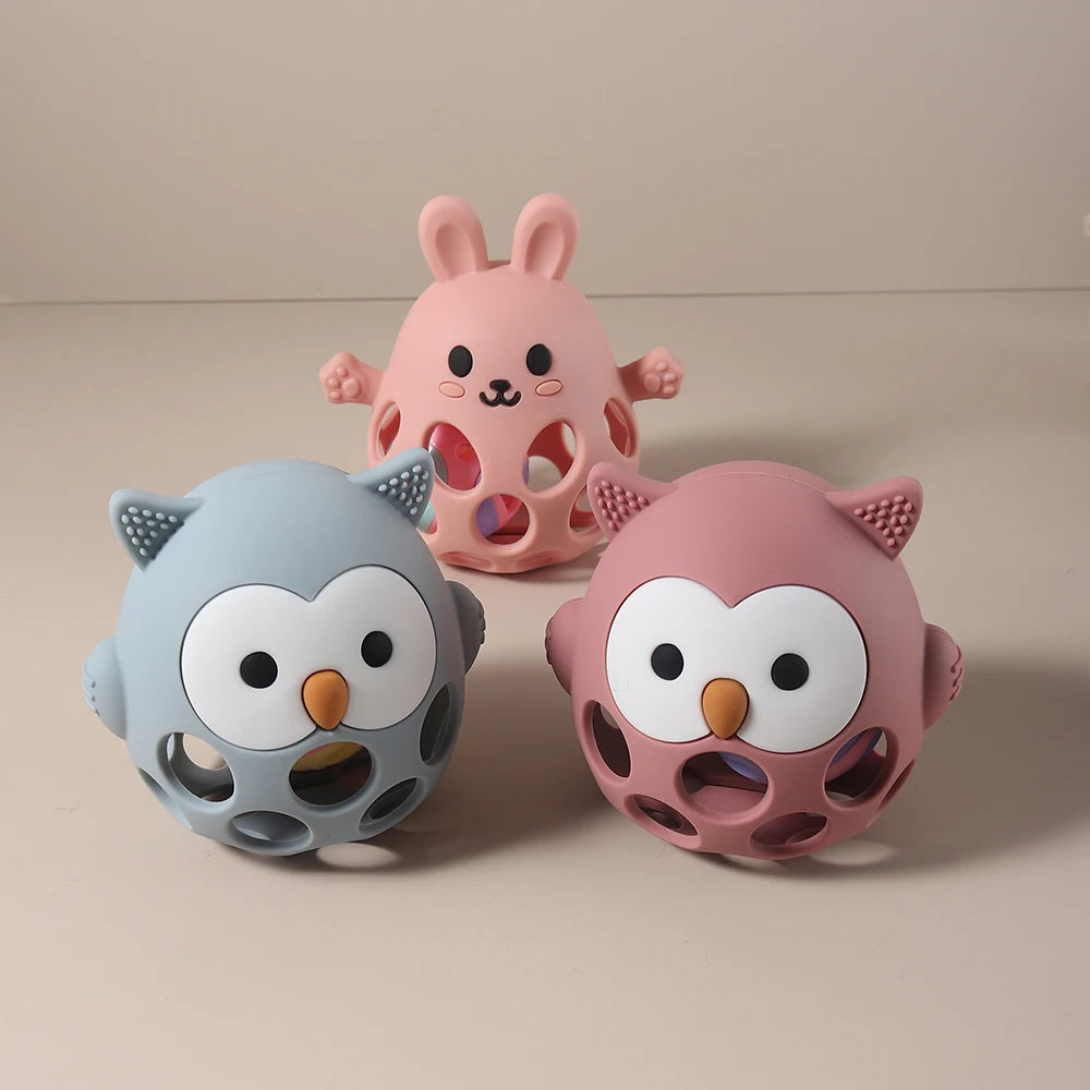 Silicone Teether Baby Gift Owl Shaped Cartoon Cute Teething Toy Chew Bead Sensory Gum Relief Soother Bell Sound Soft Cute