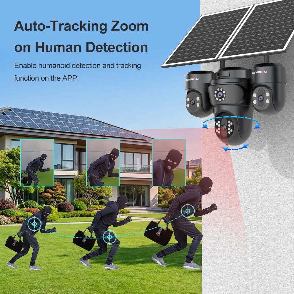LS VISION 20MP 4 Screen 4G AOV  Solar Camera 12X Zoom 3 PTZ 360° 24/7 Video Recording  AI Humanoid Auto Tracking CCTV IP Camera
