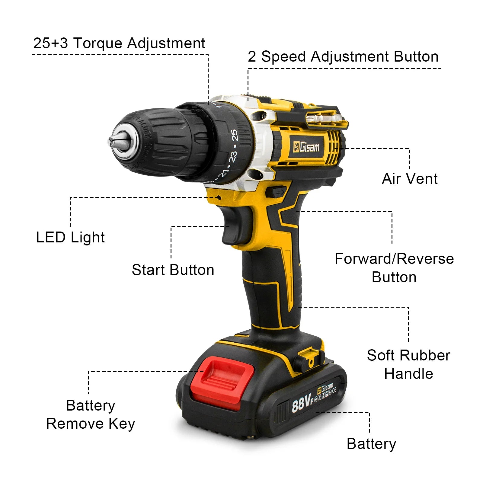 Wiredless Impact Drill Screwdriver Rechargeable Battery Cordless Hammer Drill 25+3Torque Setting Electric Screwdriver Power Tool