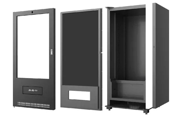 Open-frame vending machine cabinet with front door and empty interior shelves