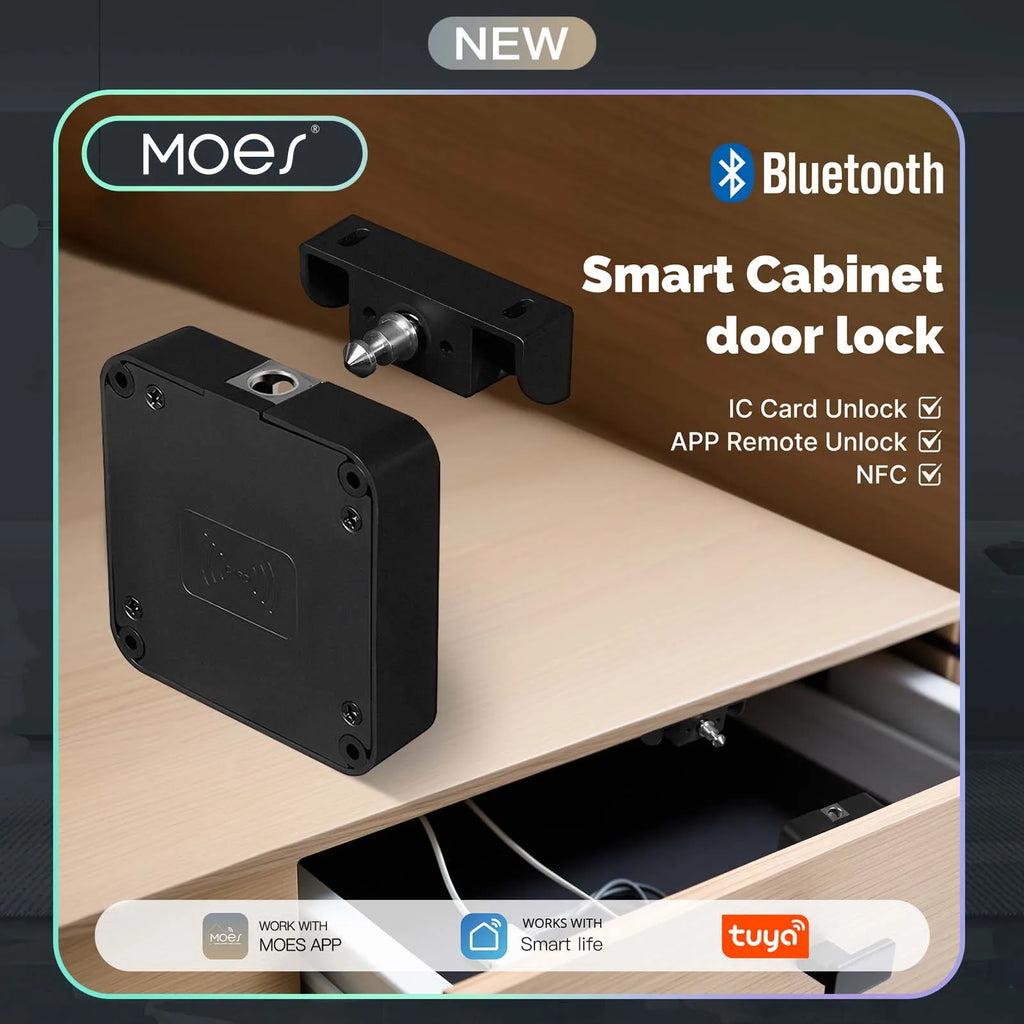 MOES Smart Bluetooth Drawer Lock Tuya App Remote Control Keyless IC Card Hidden Security Furniture Lock for Wood Cabinet Locker