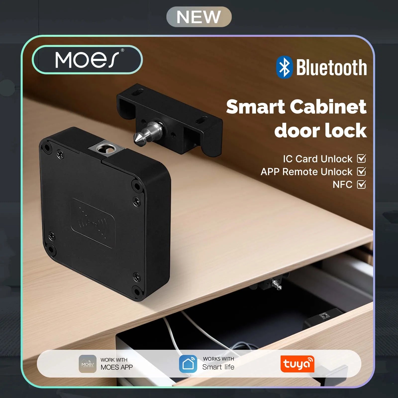 MOES Smart Bluetooth Drawer Lock Tuya App Remote Control Keyless IC Card Hidden Security Furniture Lock for Wood Cabinet Locker