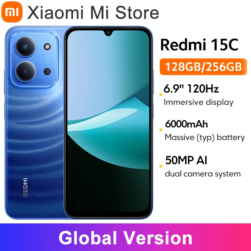 【Brand+】Xiaomi Redmi 15C Global Version 50MP main camera 120Hz 6.9" Dot Drop display 33W charging MediaTek Helio G81-Ultra