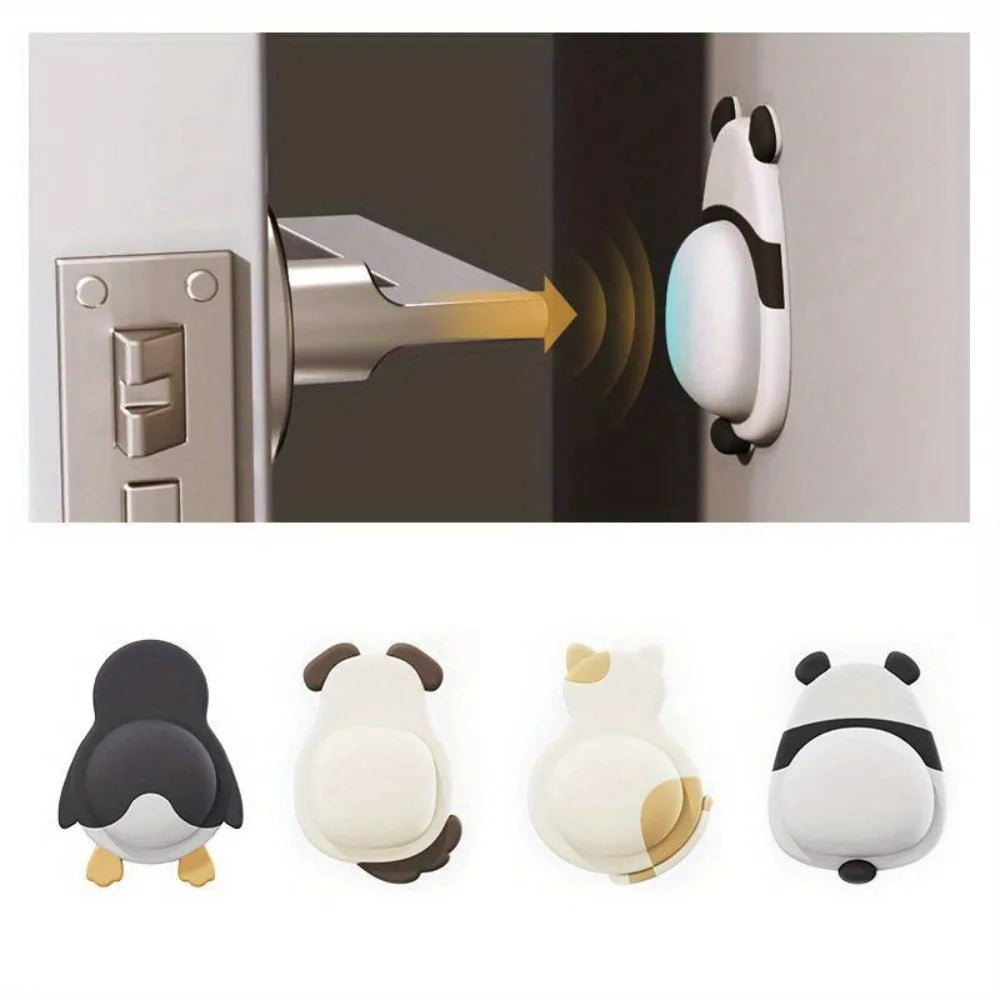 Cute 3D animal self-adhesive door stopper bumper for furniture protection. Panda, cat, dog, and penguin designs.