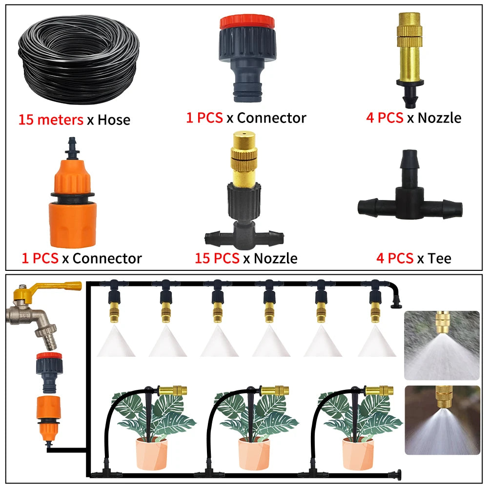 Outdoor misting irrigation hose set with brass spray nozzles, connector, and black tee