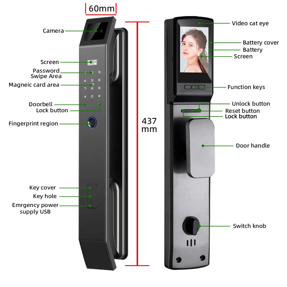 RAYKUBE DF14 Tuya WiFi 3D Face Recognition Digital Fingerprint Lock With Two-way Audio WiFi Camera Video Call APP Remote Unlock