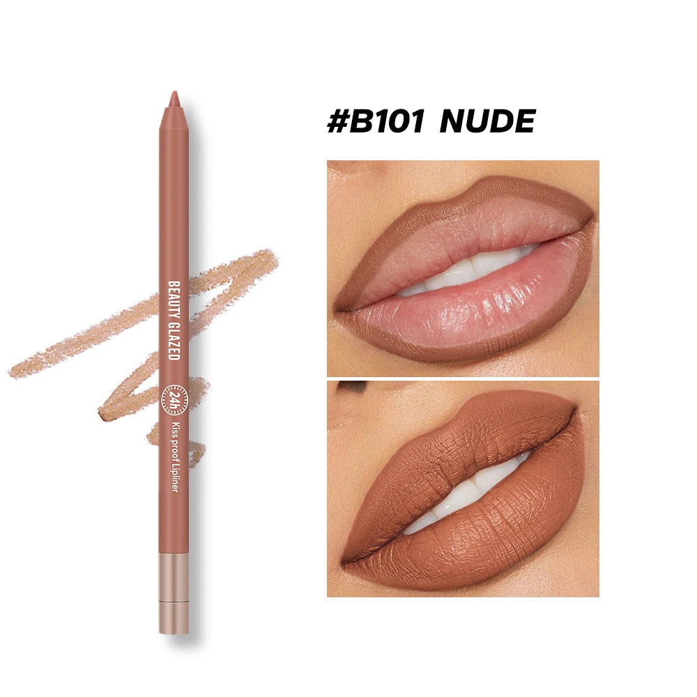 Waterproof nude matte lip liner pencil and swatches on lips for long-lasting, plumping lip makeup look.