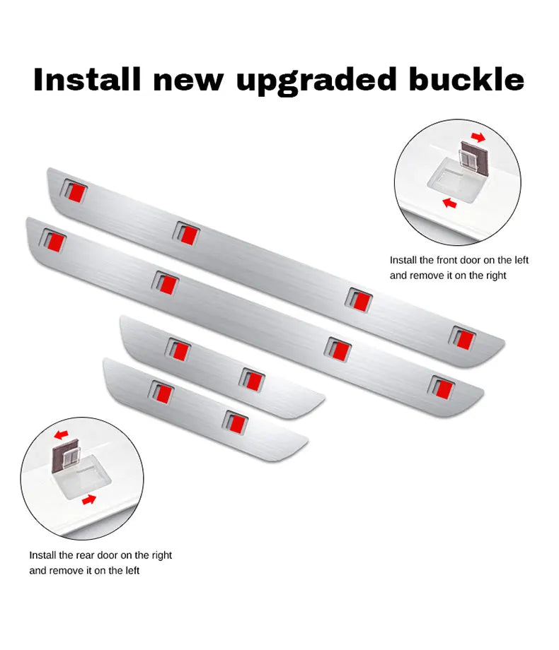 Four brushed-silver car door sill protectors with red adhesive tabs and clip-in buckles for installation.