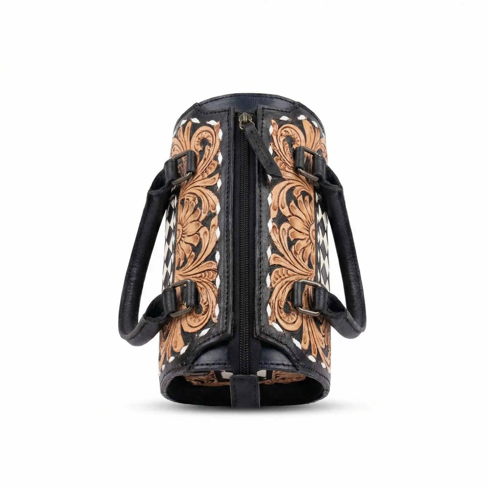 Luxury hand-tooled floral leather weekender bag with black checkered patterns and sturdy carry handles.
