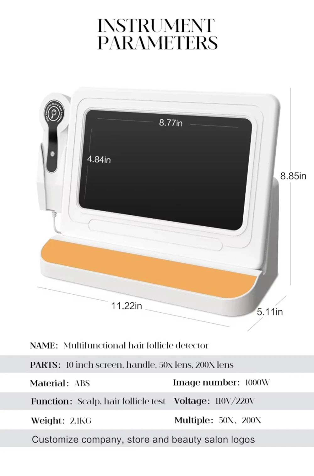 White 10-inch professional scalp microscope and hair follicle analyzer with HD screen and handheld detection probe.