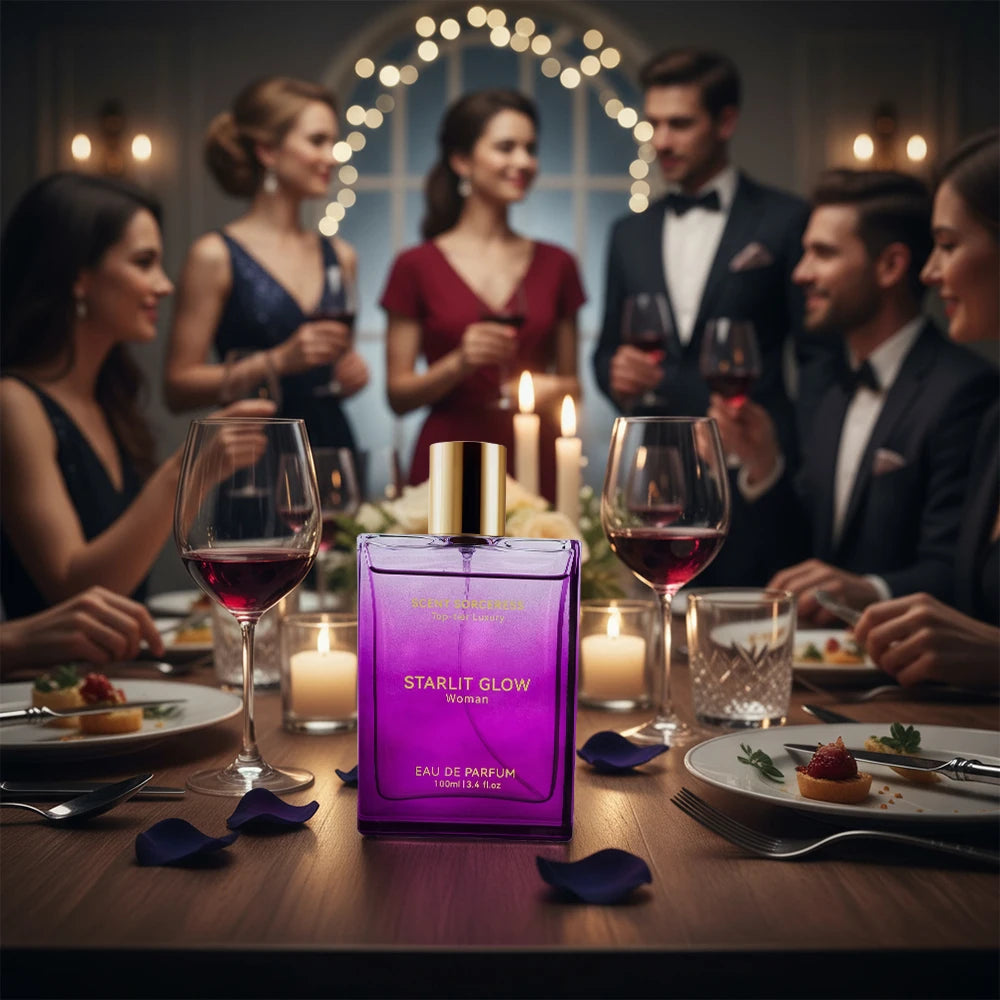 Starlit Glow 100ml eau de parfum in a rectangular, bright purple glass bottle with a gold cap, displayed on a table.
