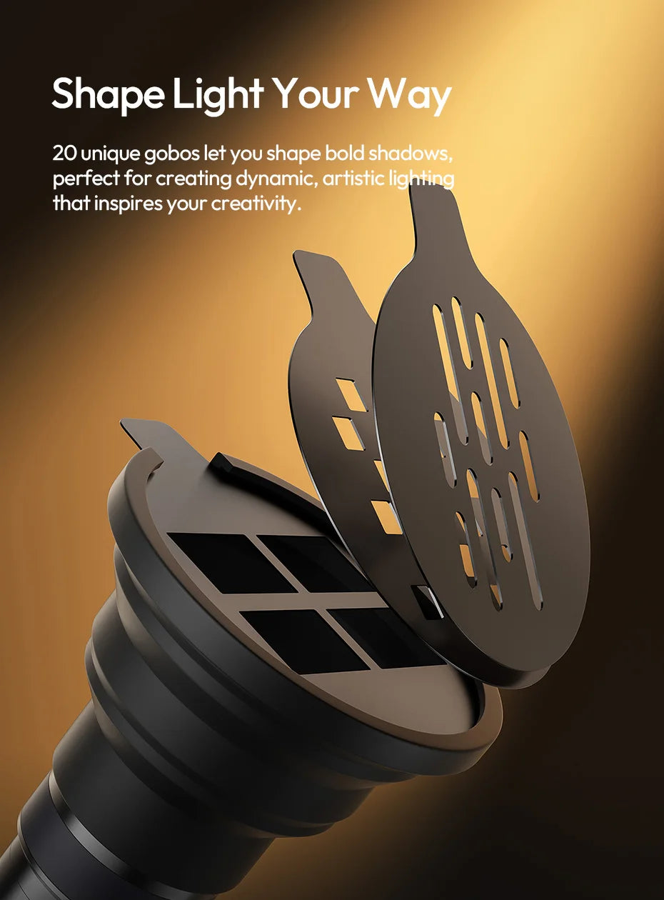 Black metal lighting gobo discs with geometric cutouts, used to create artistic shadow patterns on photography subjects.