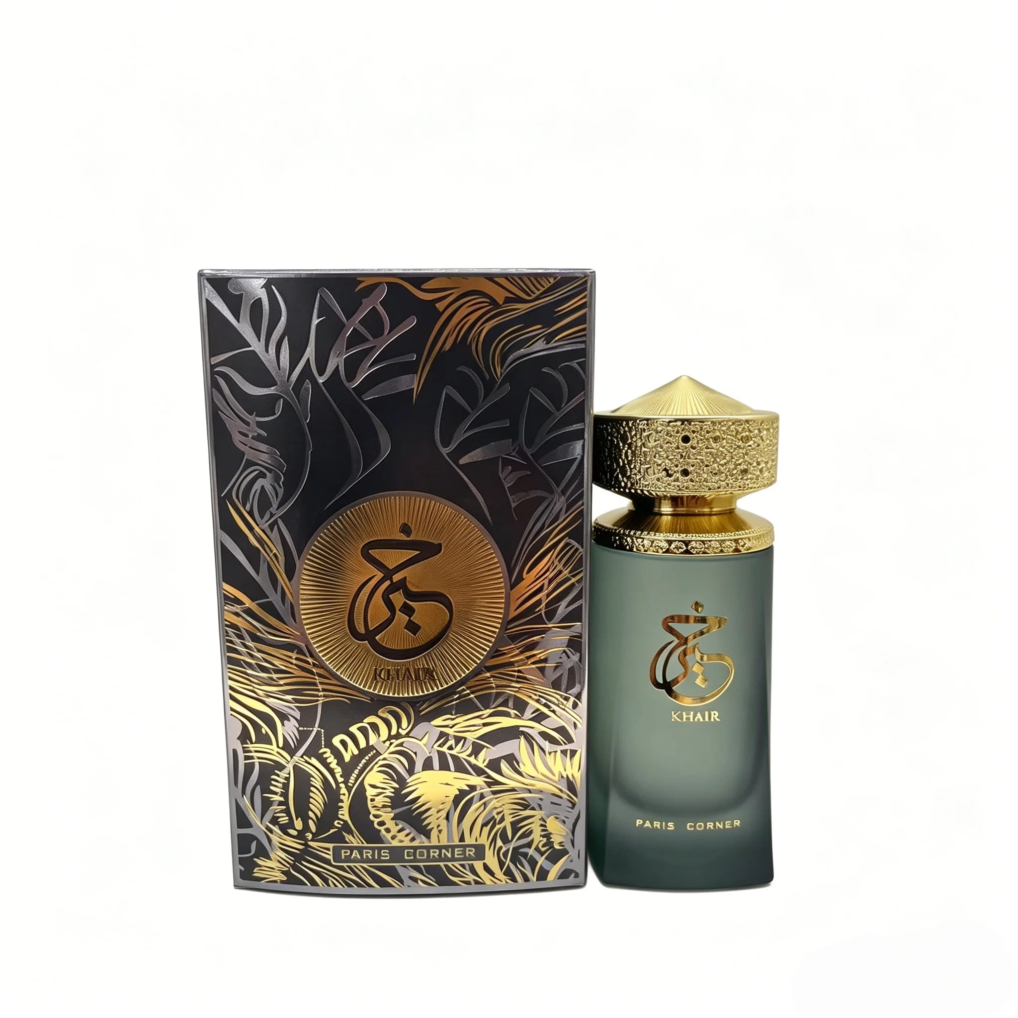 Paris Corner Khair EDP: Premium Arabian 100ml perfume, elegant frosted glass bottle with gold cap, long-lasting unisex.