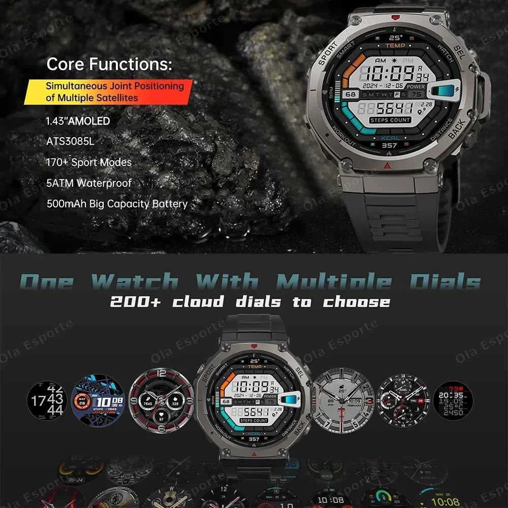 Military 2025 Smartwatch Men,1.43" AMOLED 5ATM Waterproof 170+ Sport Modes Smart Watch Built-in GPS BT Call for Xiaomi Samsung