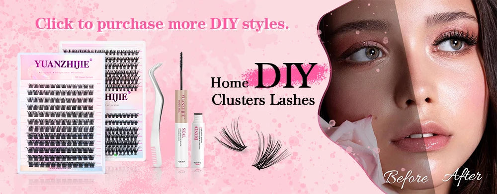 144-piece DIY cluster lash kit with tweezers, bond and seal, plus a model showing before and after application.