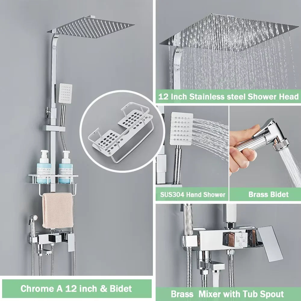 Rainfall Bathroom Shower Faucet Kit With Bidet Wall Mounted Stainless Steel Hot Cold Water Mixer Tap System With Rack,Tub Spout