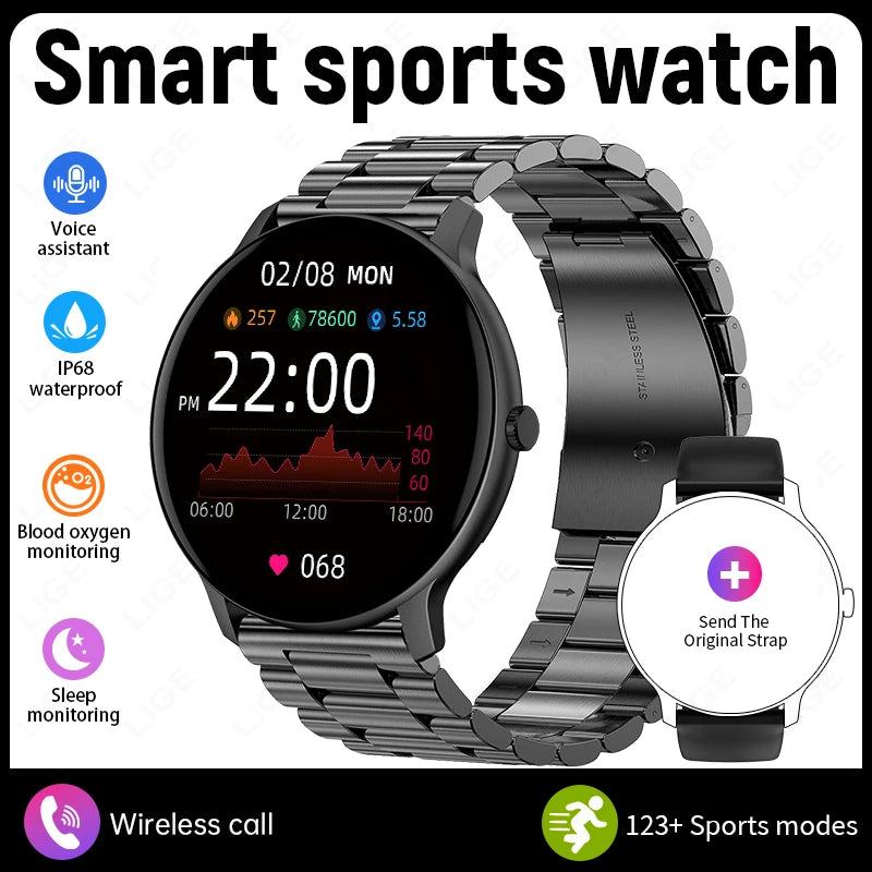 Black metal-link smartwatch with round display showing fitness stats and callout icon