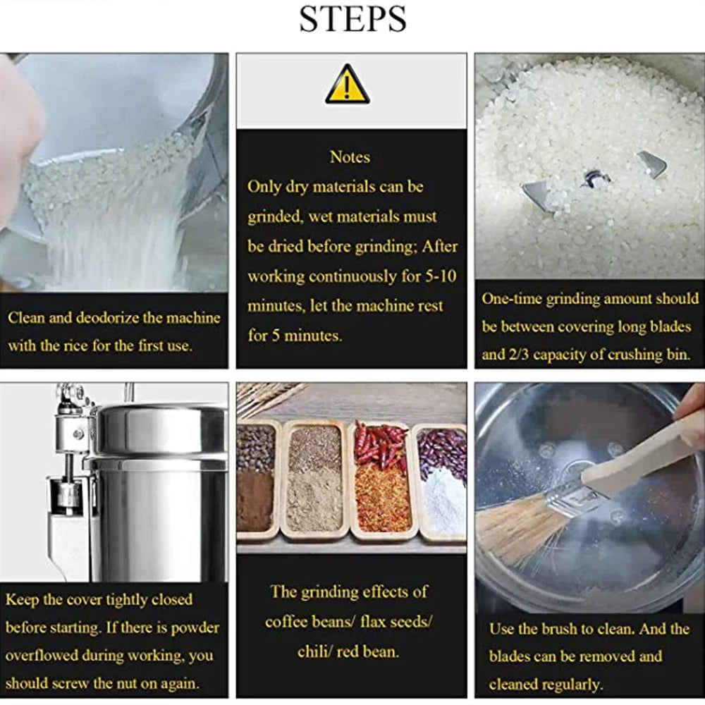 Stainless steel electric spice and coffee bean grinder operation guide with cleaning instructions and usage tips.