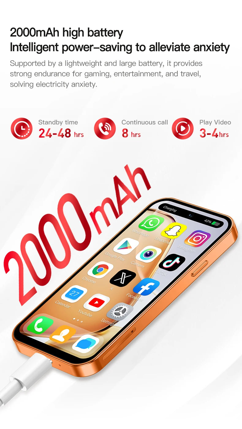 ONEMYTH A18 Pro 4-inch mini 4G smartphone in gold charging with Type-C, 2000mAh battery, and Android interface.