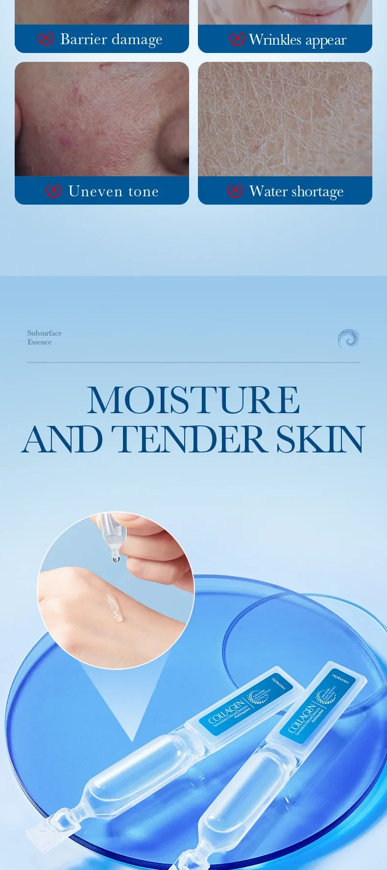 Clear, single-use collagen essence ampoules for skin hydration, shown being applied to skin.