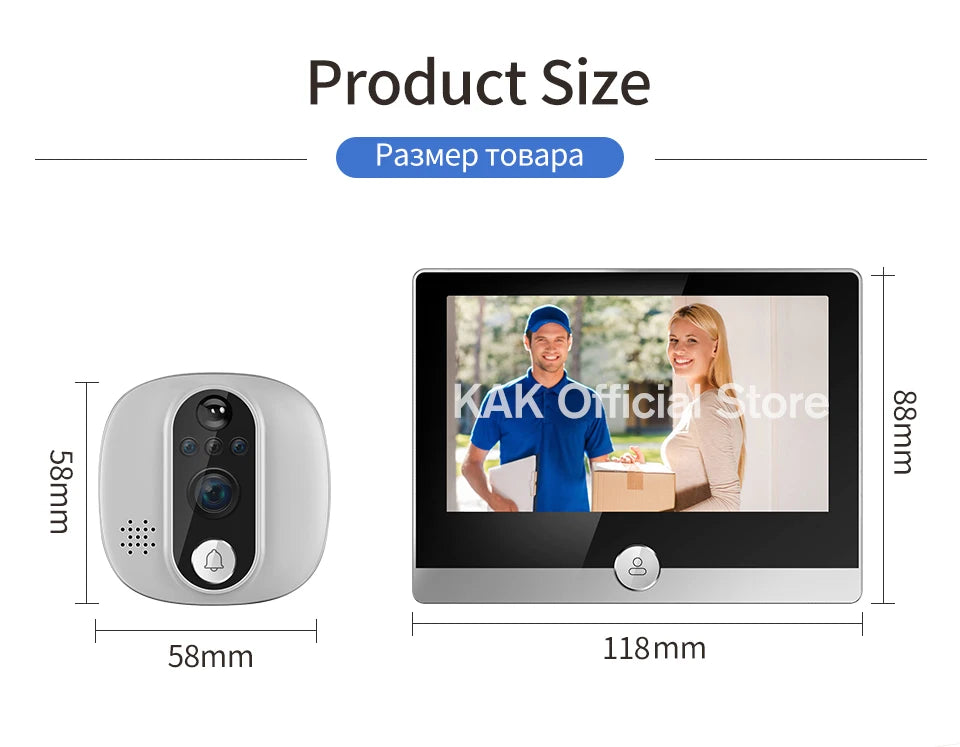 KAK Wifi Smart Door Bell Camera 4.3" Video Door Peephole Door Viewer 170 Degree Motion Detection Tuya APP Alexa Google Assistant