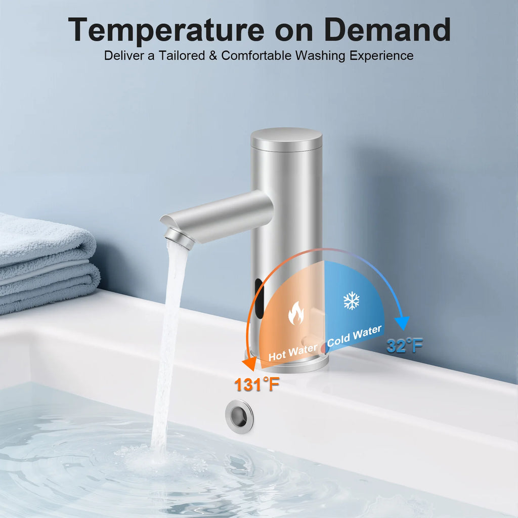 Compact Hot Cold Touchless Sensor Faucet, 304 Stainless Steel Automatic Infrared Sensor Tap, DC 6V Power Supply, Water Temperature Range 0–55°C , for Bathroom Sink, Hotel, Hospital, Office
