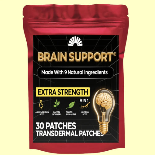 Brain Support red pouch, 30 ashwagandha supplement patches for adaptogen stress relief and cognitive health.