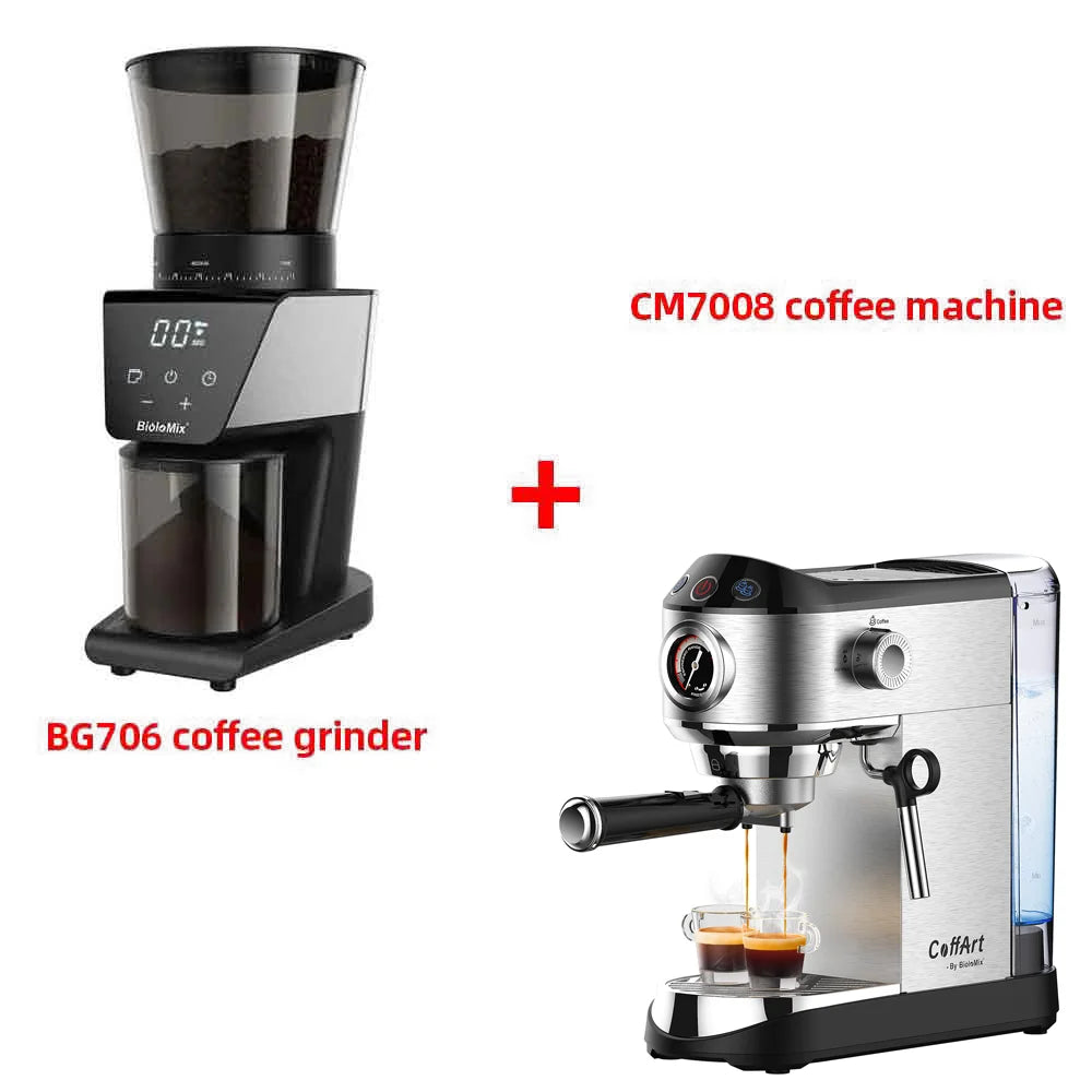 BioloMix BG706 coffee grinder and CM7008 stainless steel espresso machine set for home brewing.