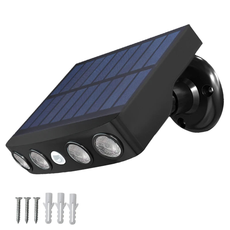 3000W Solar Powered Outdoor Wall Light Motion Sensor Security Lights 4 LED Bulbs 3 Modes Night Work Lamp for Patio Garden Porch Fence Corridor Balcony