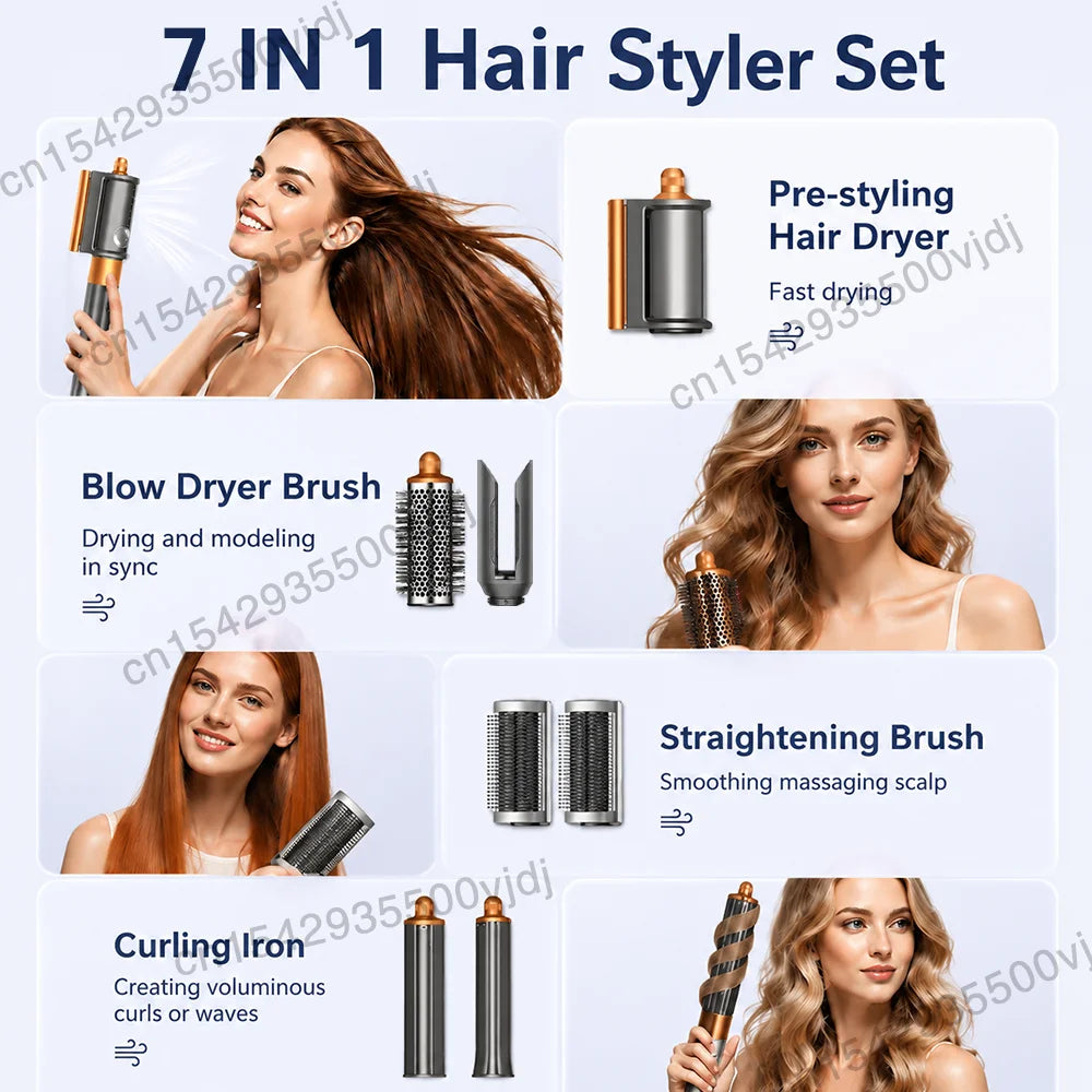 7-in-1 high-speed ionic hair dryer set with gold accents, featuring curling iron, straightener, and styling brushes.