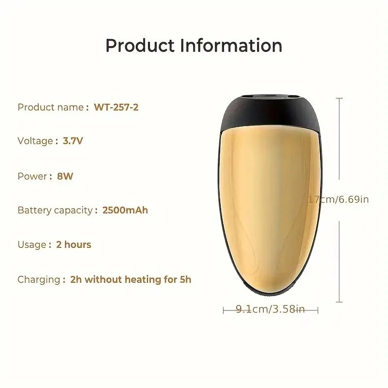 Gold and black handheld cordless massager with two nodes, showing 17cm by 9.1cm dimensions and product specifications.