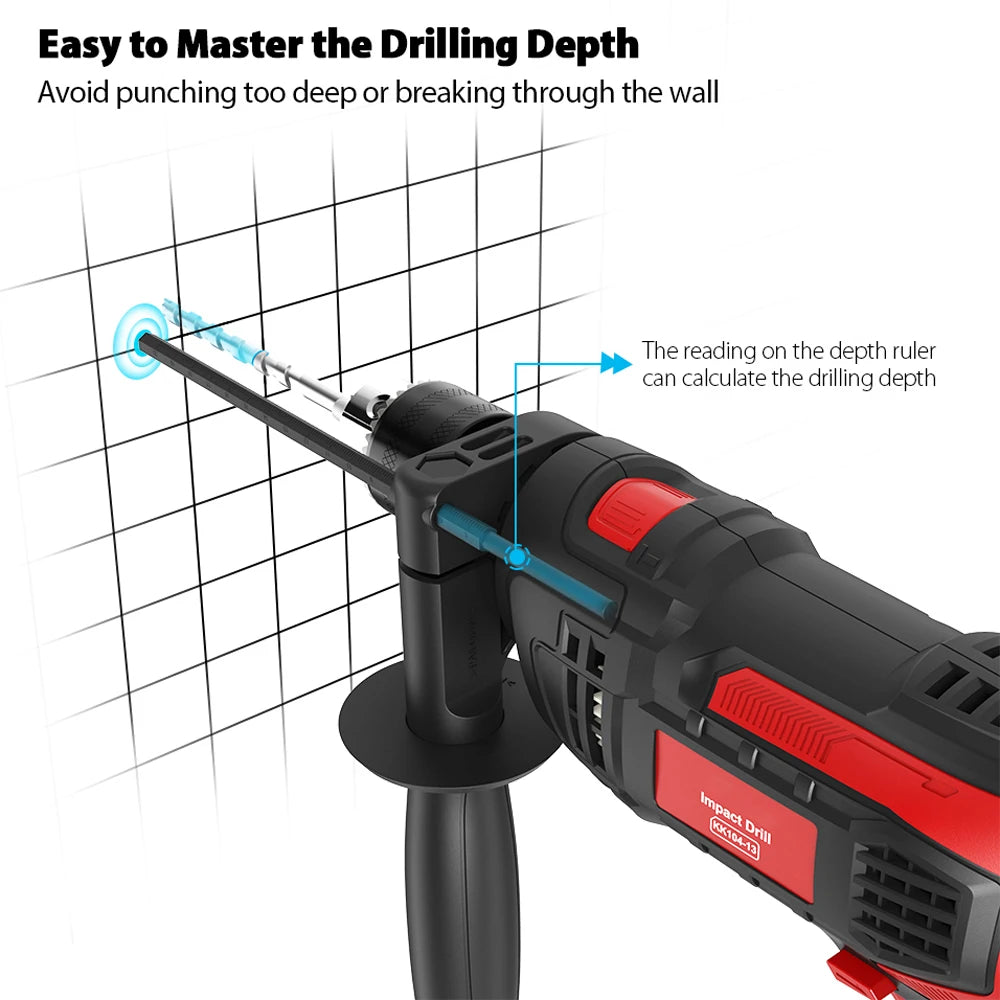 Hammer Drill Impact Drill 850W 3000 RPM Hand Electric Drill with 360° Rotating Handle Hammer and Drill 2 Mode in 1 with Depth